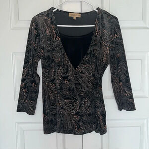Vintage Notations Top Small Black Velvet Top Beaded Gold Glitter Wrap E22
